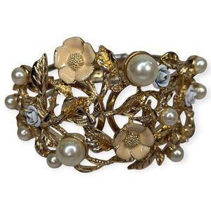 Gold Tone Floral & Faux Pearl Cuff Bracelet